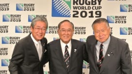 第1回理事会に出席したW杯2019組織委員会の竹田副会長、御手洗会長、森副会長（左から/…
